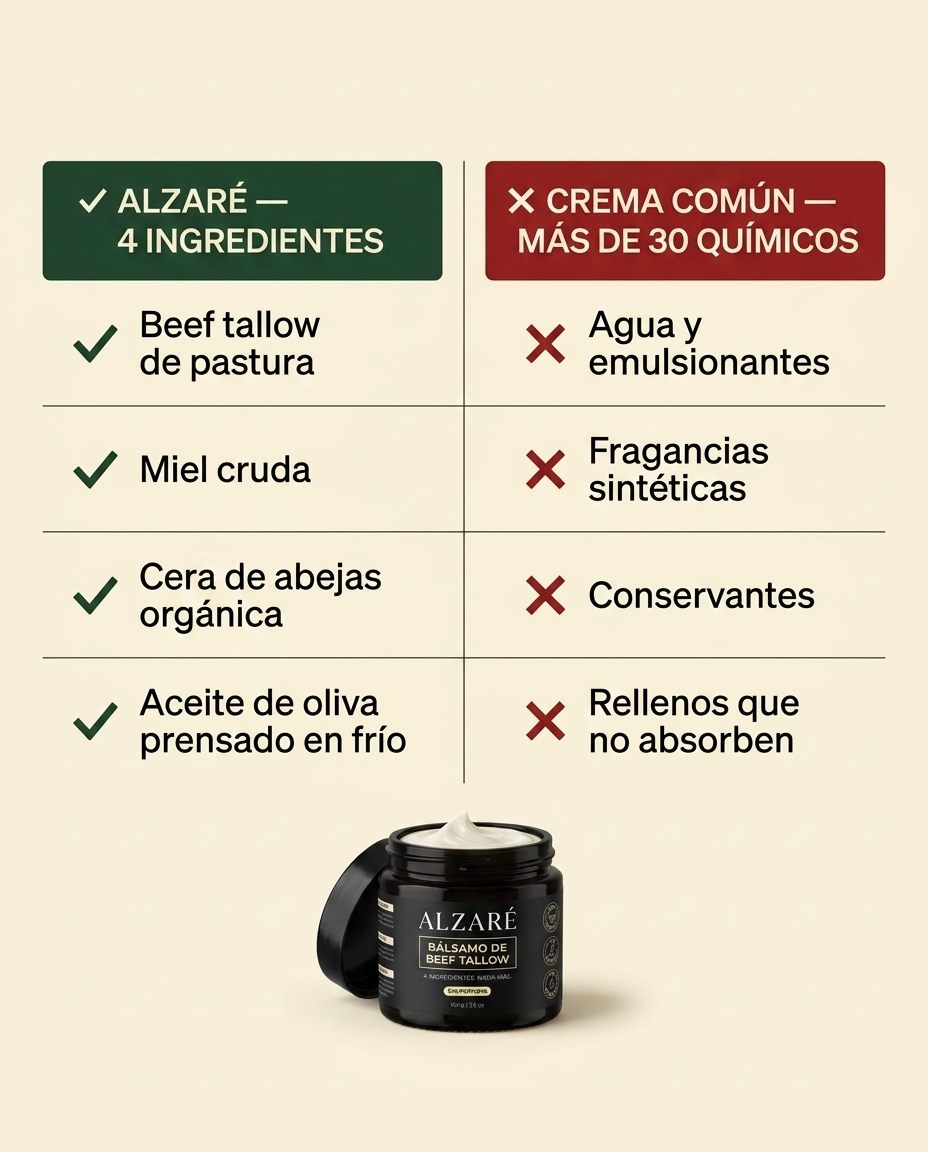 Comparativa ALZARÉ 4 ingredientes vs crema común +30 químicos