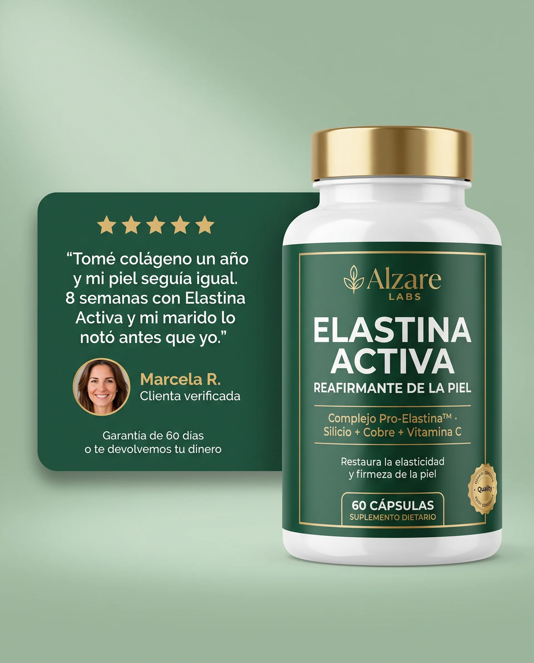 ALZARÉ Elastina Activa — frasco con reseña de clienta verificada