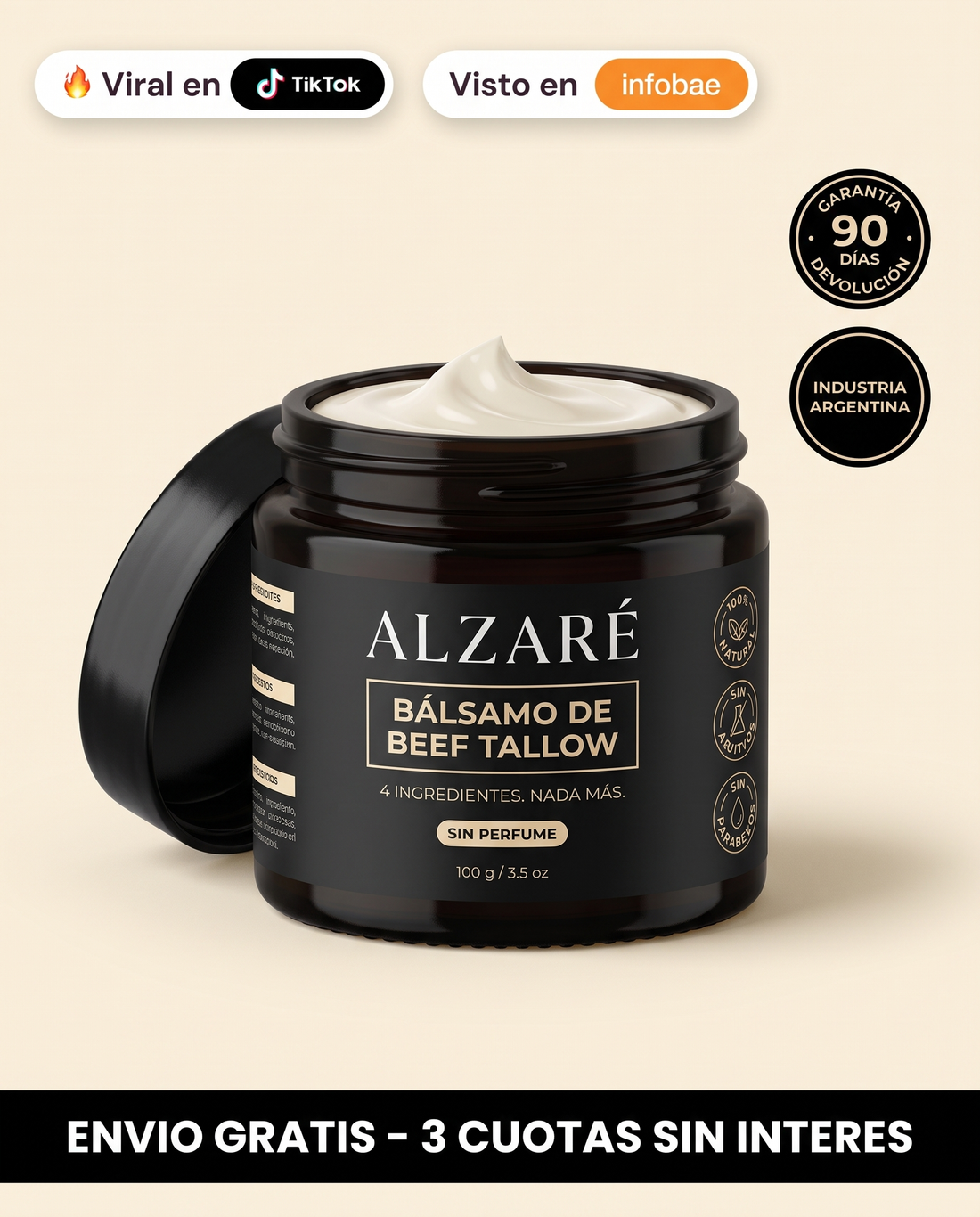 ALZARÉ® Bálsamo de Beef Tallow — 4 Ingredientes. Nada Más. (100 g)